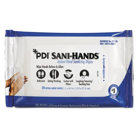 Sani Professional PDI Sani-Hands Instant Hand Sanitizing Wipes, 1-Ply, 5.5 x 8.4, White, 20 Wipes, 48PK P71520